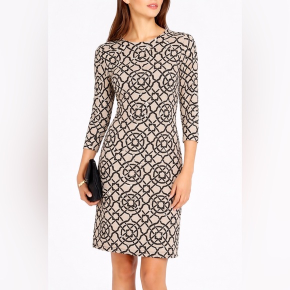 J. McLaughlin Dresses & Skirts - J. McLaughlin Devon Ponte Scribe Print Knit Sheath Dress Black Tan Size Small